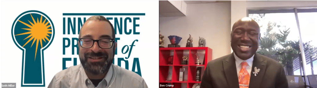 Two men video conferencing: Seth Miller on the left in front of a logo; Ben Crump on the right in a suit with an orange tie in an office with a trophy shelf.
